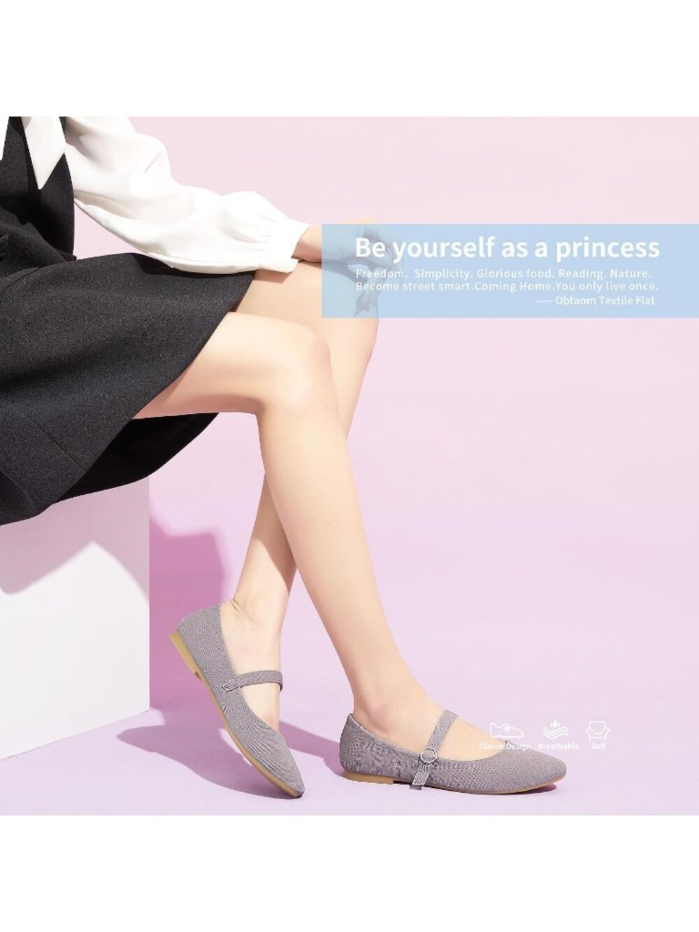 Women's Grey Mary Jane Round Toe Ballet Flats Classic Strap Dressy Fabric Shoes - Picture 6 of 6